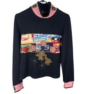 Fresh Fx  Womens Sz M Black Pink Long Sleeve Sweater Top Abstract Embellished